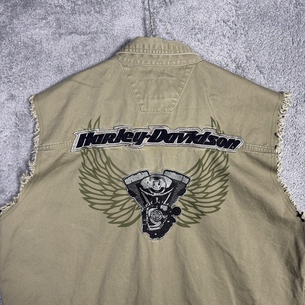 Harley Davidson Vest Men XL Green No Cages Patches Embroidered Cut Off Riding